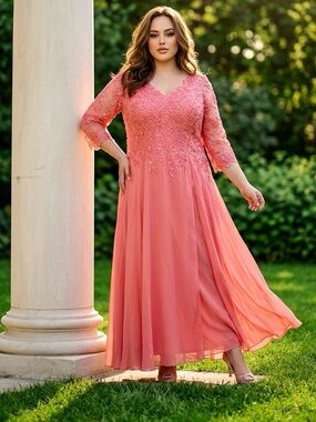 Elegant Coral Pink Embroidered Maxi Dress